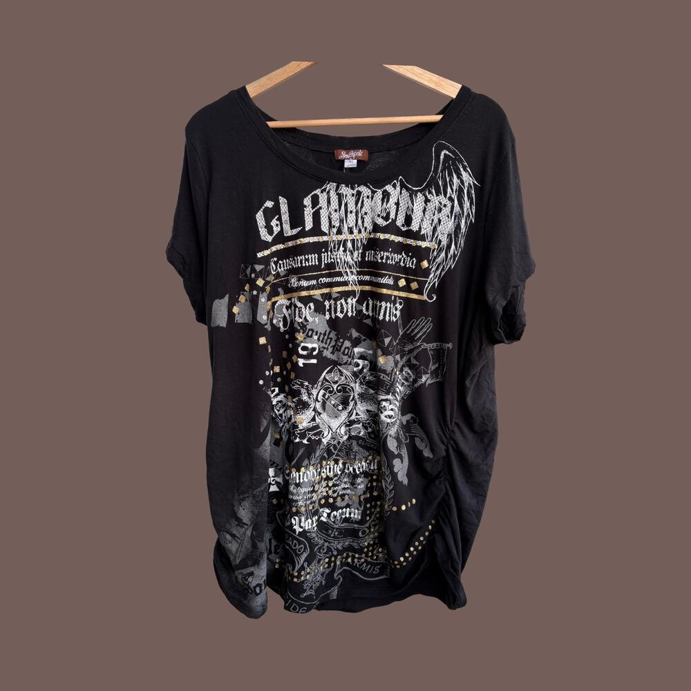 Southpole Graphic Tee | Black Ruched Y2K Top | Size 3X | Vintage